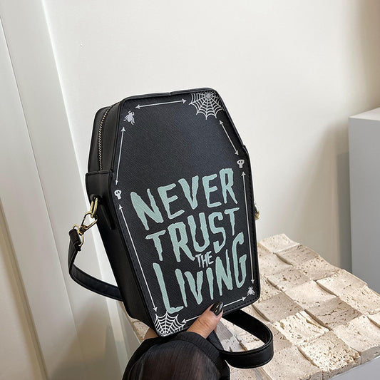 Coffin Shaped 'Never Trust the Living' Small Hand Bag