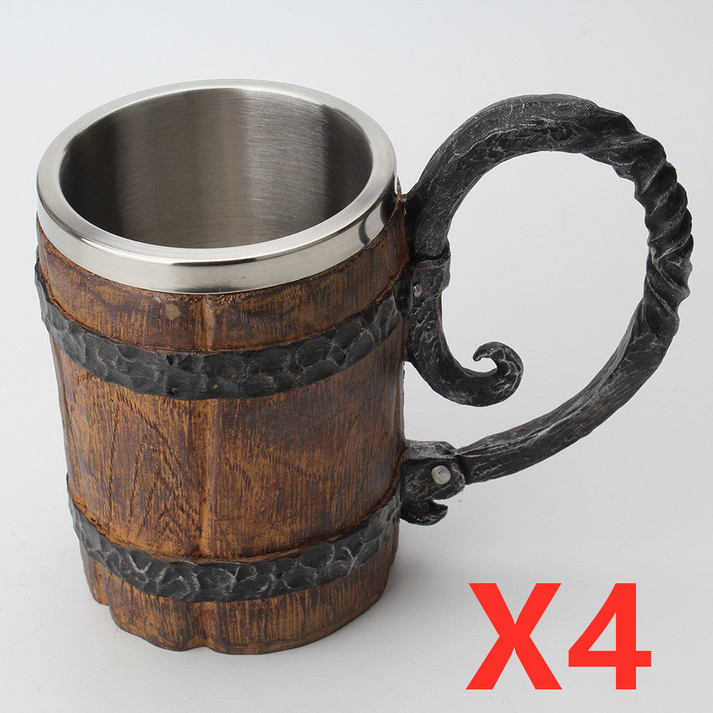 Wooden/Iron Style Stainless Steel Barrel Beer Mug - 550ml