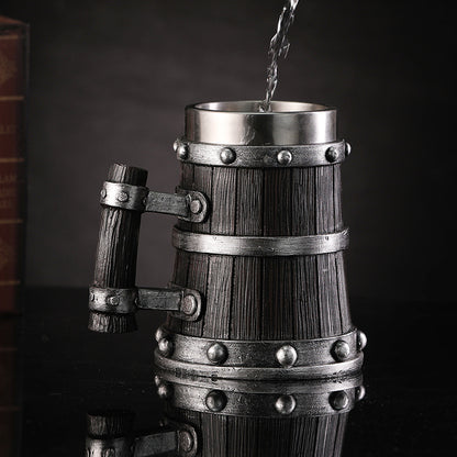 Dark Wooden Style Stainless Steel Barrel Beer Mug - 600ml