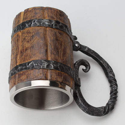 Wooden/Iron Style Stainless Steel Barrel Beer Mug - 550ml