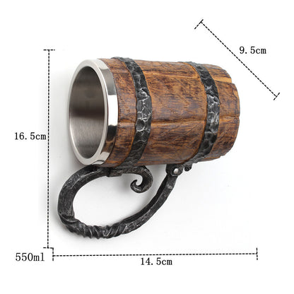 Wooden/Iron Style Stainless Steel Barrel Beer Mug - 550ml