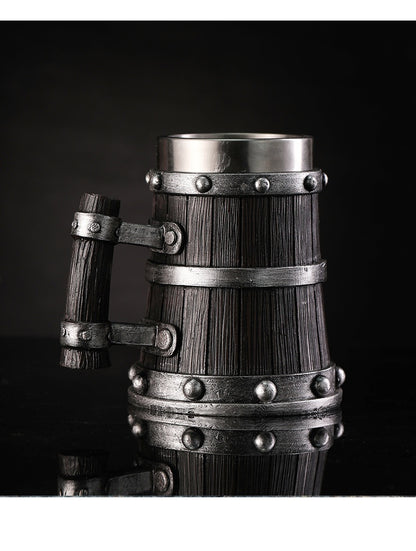 Dark Wooden Style Stainless Steel Barrel Beer Mug - 600ml