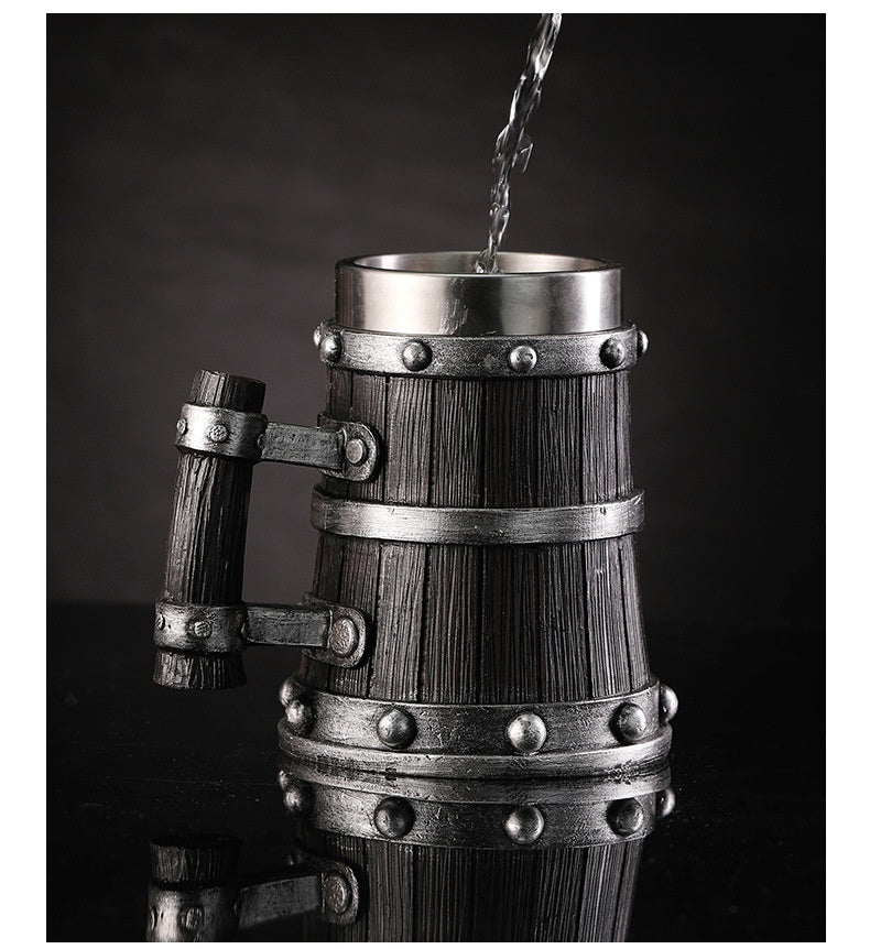 Dark Wooden Style Stainless Steel Barrel Beer Mug - 600ml