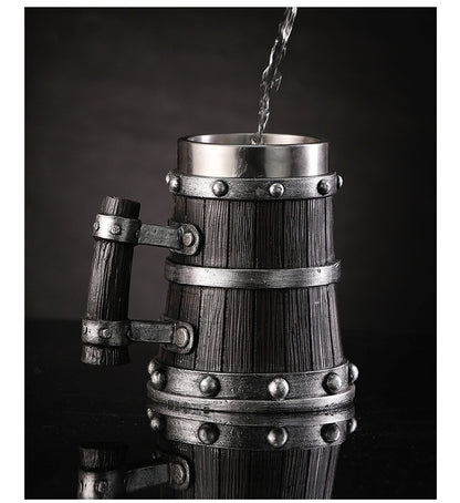 Dark Wooden Style Stainless Steel Barrel Beer Mug - 600ml