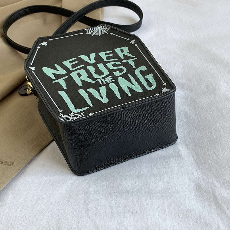 Coffin Shaped 'Never Trust the Living' Small Hand Bag