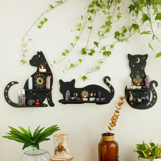 Black Cat Wooden Wall Crystal Storage Shelf Rack