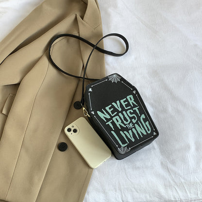 Coffin Shaped 'Never Trust the Living' Small Hand Bag