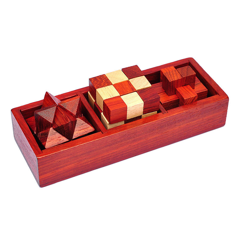 3 In 1 Set Wooden Box with IQ Wooden Brain Teaser Puzzles