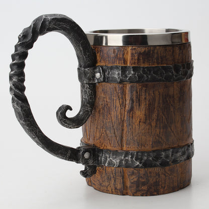 Wooden/Iron Style Stainless Steel Barrel Beer Mug - 550ml