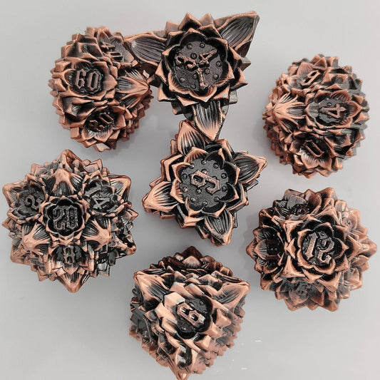 Metal Lotus Flower Polyhedral Dice Set