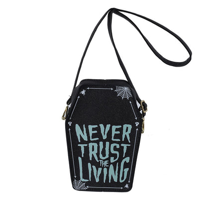 Coffin Shaped 'Never Trust the Living' Small Hand Bag