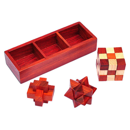 3 In 1 Set Wooden Box with IQ Wooden Brain Teaser Puzzles