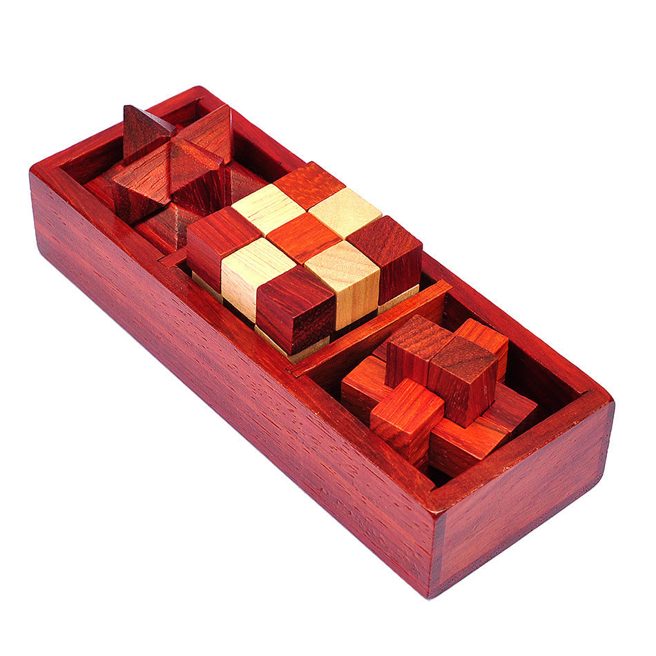 3 In 1 Set Wooden Box with IQ Wooden Brain Teaser Puzzles