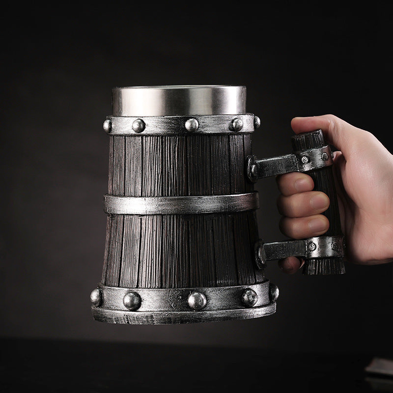 Dark Wooden Style Stainless Steel Barrel Beer Mug - 600ml