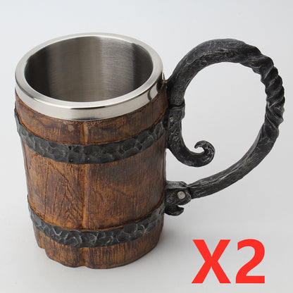 Wooden/Iron Style Stainless Steel Barrel Beer Mug - 550ml