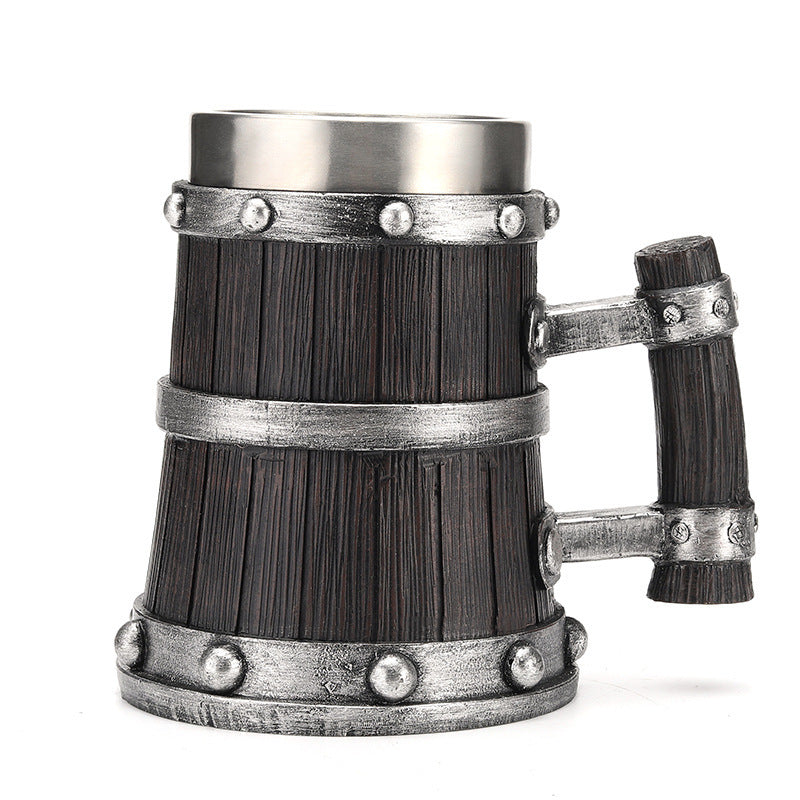 Dark Wooden Style Stainless Steel Barrel Beer Mug - 600ml