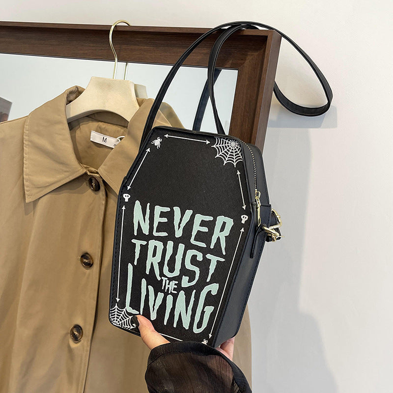 Coffin Shaped 'Never Trust the Living' Small Hand Bag